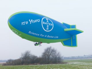 VISIBLE BUT UNOBTRUSIVE Bayer selected the airship to celebrate its 150th anniversary year because it attracts interest, is impressive in the sky and is quiet and unobtrusive