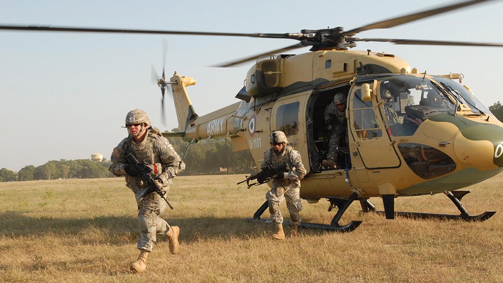 A HAL Dhruv helicopter of the Indian Army exercising with US troops