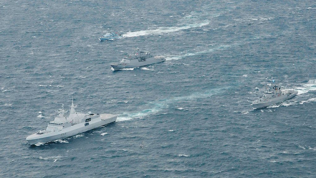 EXERCISE ATLASUR IX The SA frigate SAS Amatola leads a task group composed of a SAN River class minehunter (top of the picture) flanking the Brazilian corvette Barroso, with the Argentinian corvette ARA Espora at bottom left  