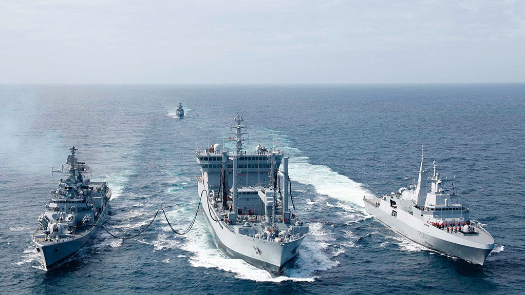 EXERCISE IBSAMAR III The Indian destroyer INS Delhi, the Indian replenishment ship INS Deepak and the SAS Amatola, with the Brazilian corvette Barroso in the rear 