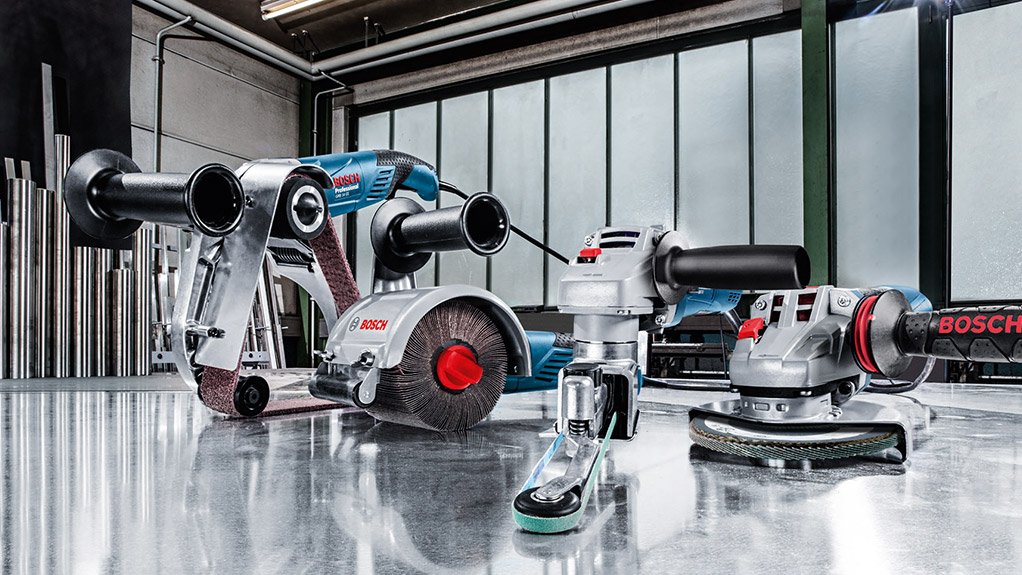 STAINLESS STEEL SPECIFIC The new additions to the Bosch product line for stainless steel finishings include the GRB 14 CE Professional pipe belt sander, the GEF 7 E Professional power file, the GSI 14 CE Professional burnisher and the GWS 15-125 Inox Professional angle grinder