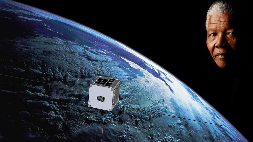 A digitally modified picture showing TshepisoSAT in orbit, with an image of President Mandela