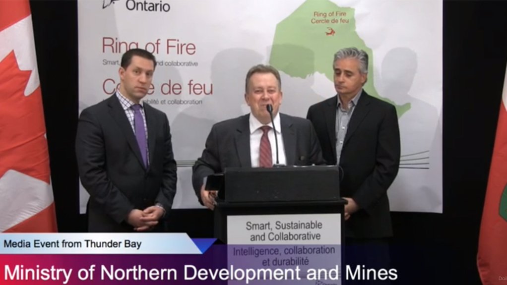 Minister of Northern Development and Mines Michael Gravelle (centre), Minister of Natural Resources David Orazietti (left), Minister of Municipal Affairs and Housing Bill Mauro (right). 