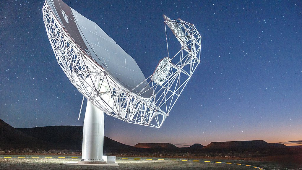 NOW TO BE TESTED: The first MeerKAT antenna, at sunset 