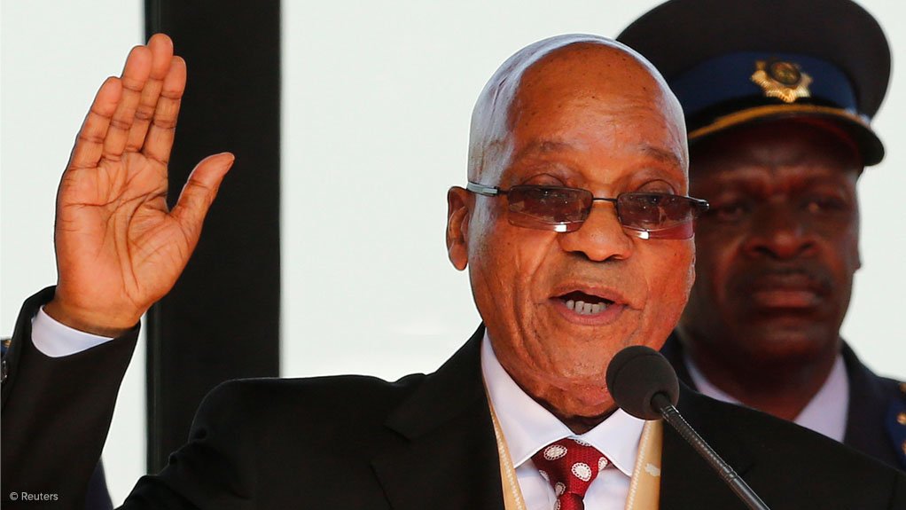 South African President Jacob Zuma takes his oath of office during his inauguration ceremony at the Union Buildings in Pretoria.