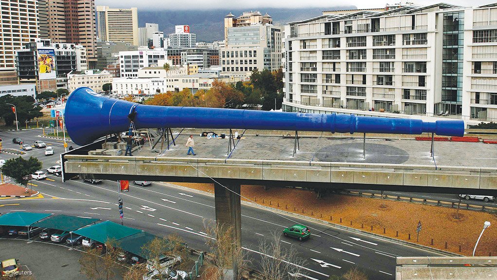 ROAD TO NOWHERE The elevated Foreshore freeway in Cape Town – seen here wearing a Vuvuzela for the 2010 Soccer World Cup – was not completed in the 1970s as funding was more urgently needed elsewhere 