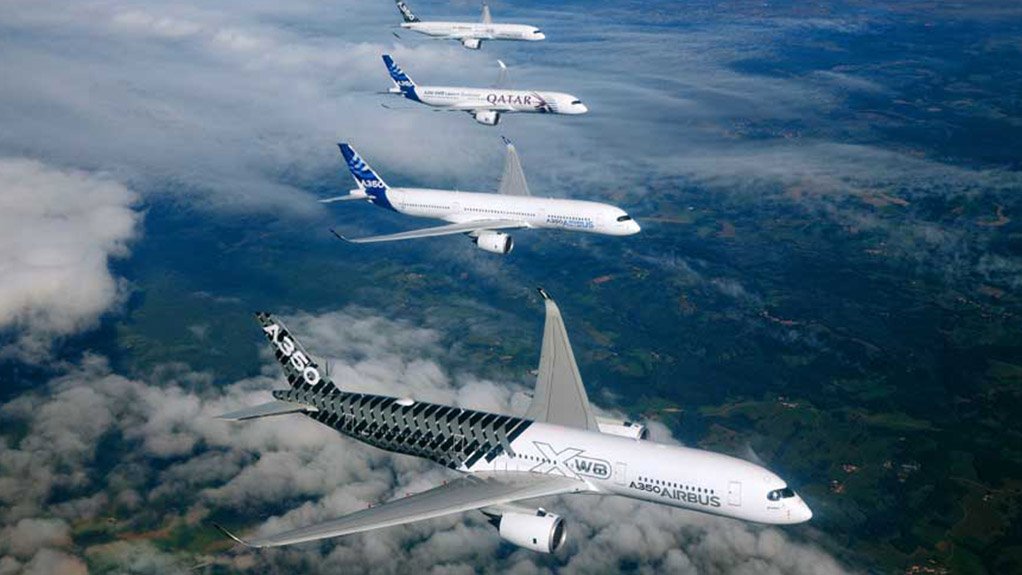 Four A350-900 flight test aircraft fly in echelon formation