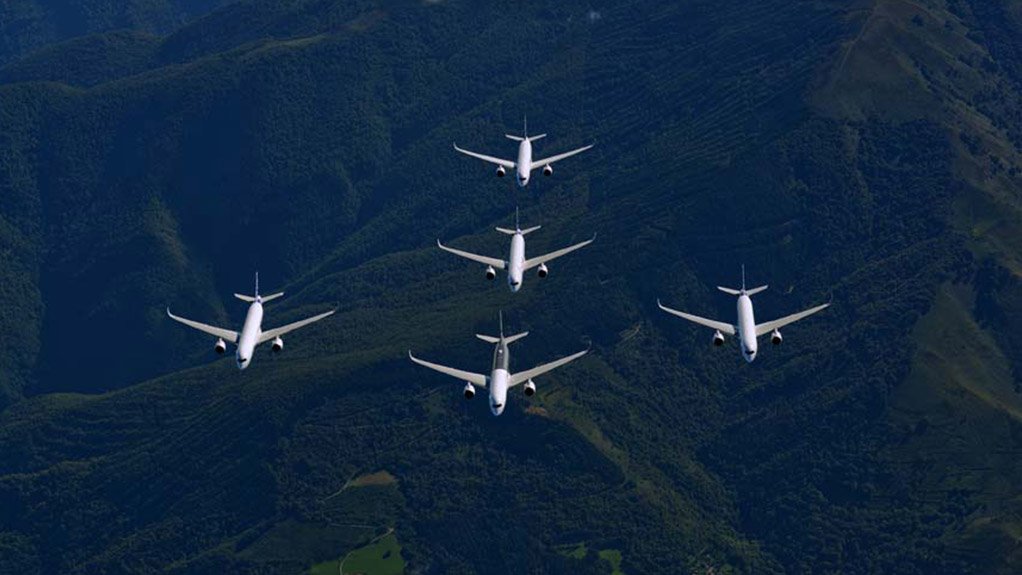 All five A350-900 flight test aircraft fly in formation