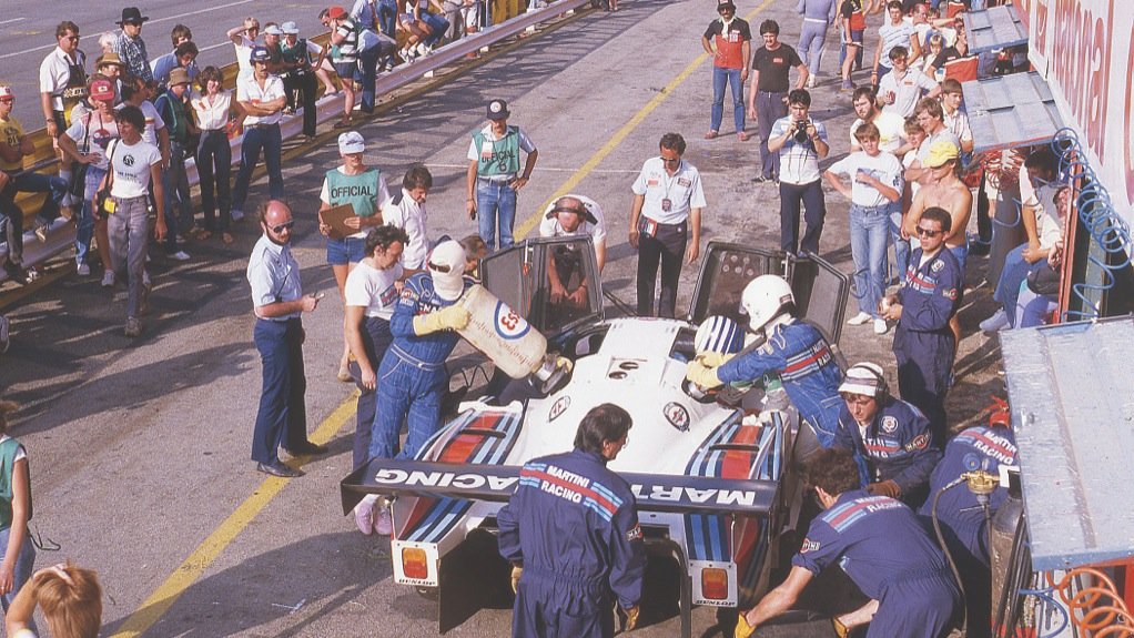 PIT STOP Pit stop in the 1983 Castrol 1000 endurance race for the Martini Racing Lancia LC2–83 of Ricardo Patrese and Alessandro Nannini 