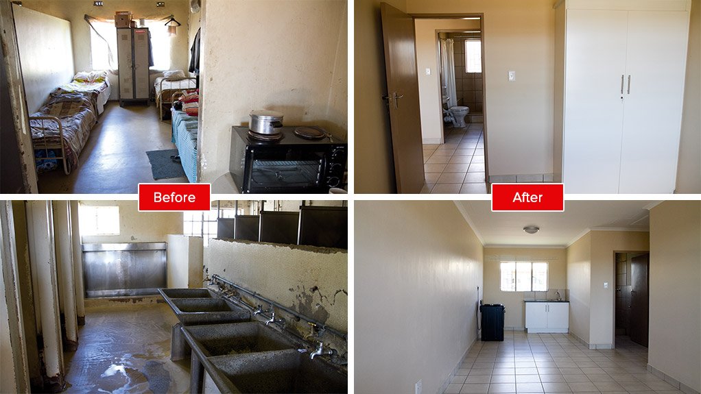 As per Mining Charter requirements, South African mining companies are committed to moving on from the historical legacy of mining hostels. Pictured above, images from a former hostel at a Rustenburg-based platinum mine (left), compared with images from a new, family-friendly unit (right) at the same mine.
