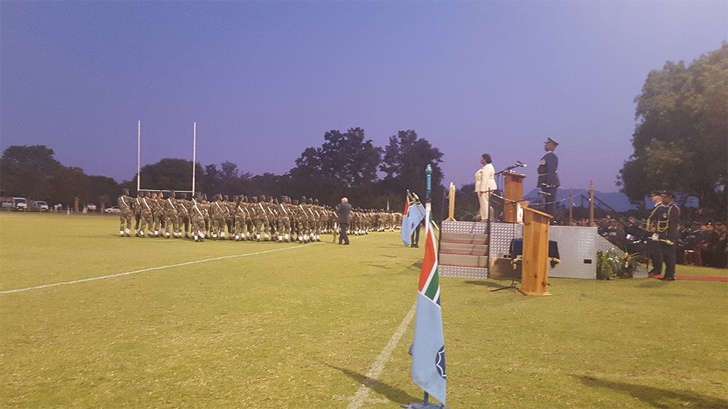 Defence Minister Nosiviwe Mapisa-Nqakula addressing 119 young graduates at the Drakensig Military Sport Complex in Limpopo