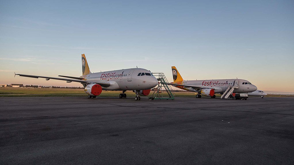 A pair of Fastjet Airbus A319 airliners