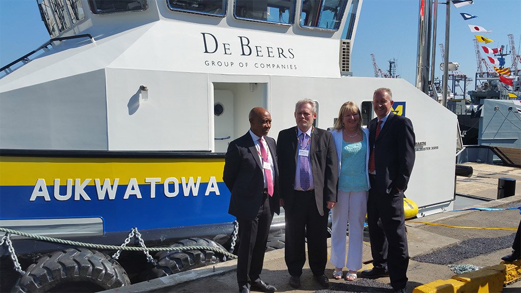 The new Damen Shoalbuster 3009S offshore supply vessel Aukwatowa after being named, with, in the foreground (left to right) Damen Chairman Sam Montsi, Minister Rob Davies, ship’s sponsor (Mrs) Jenny Coltman and De Beers Group Services Chairman Craig Coltman