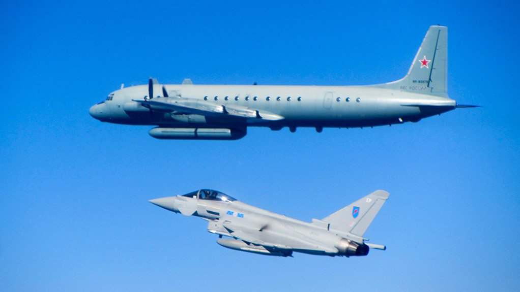 A Eurofighter Typhoon of the British Royal Air Force (foreground) intercepts an Il-20 intelligence-gathering aircraft of the Russian Air Force over the Baltic Sea