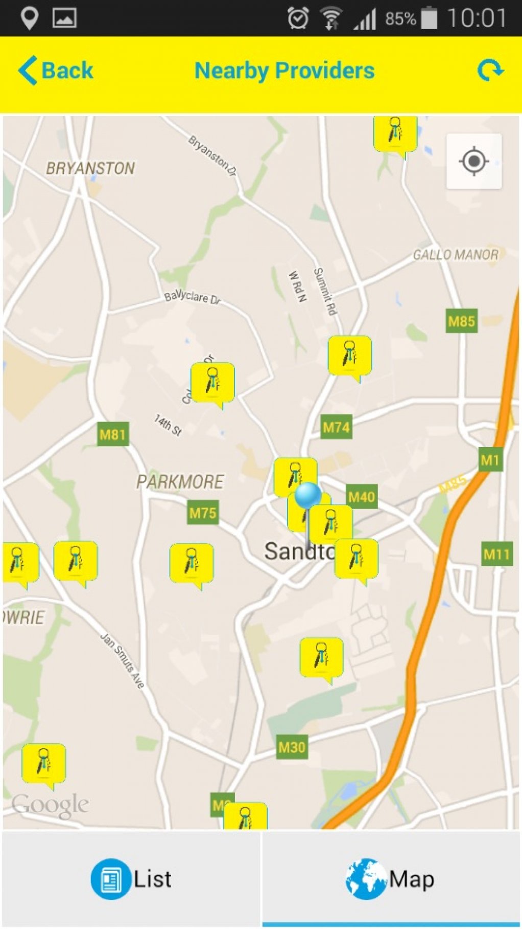 MAP VIEW
The app also provides a map where the closest service providers are displayed