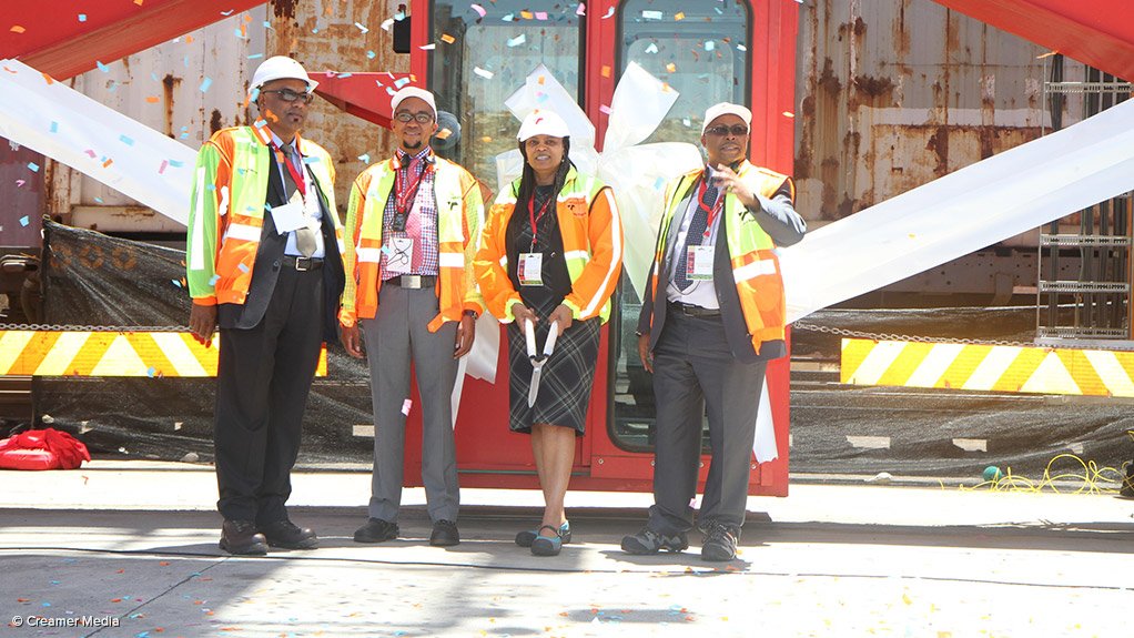 Transnet Freight Rail's Ravi Nair, Department of Public Enterprises' Kgathatso Tlhakudi, Transnet chairperson Linda Mabaso and CEO Siyabonga Gama at the City Deep relaunch