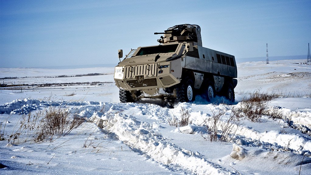 A Paramount Mbombe 6 armoured infantry vehicle undergoing winter trials in Kazakhstan