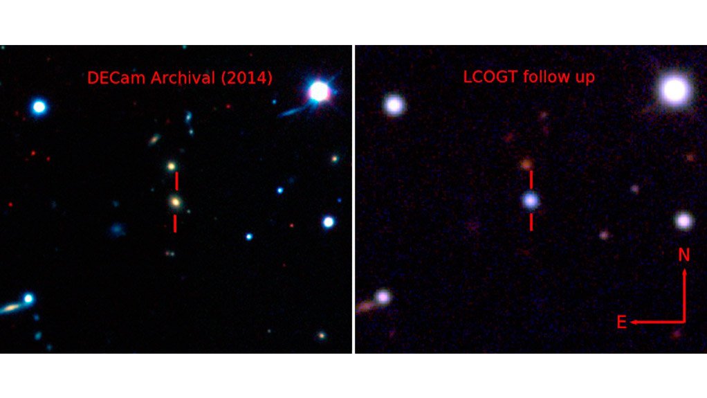 Images of the galaxy which hosts ASASSN-15lh taken before the supernova exploded (left) and after it exploded (right). Note that the supernova is brighter than its entire host galaxy. DECam stands for dark Energy Camera and LCOGT for the Las Cumbres Observatory Global Telescope Network, which took the two images.