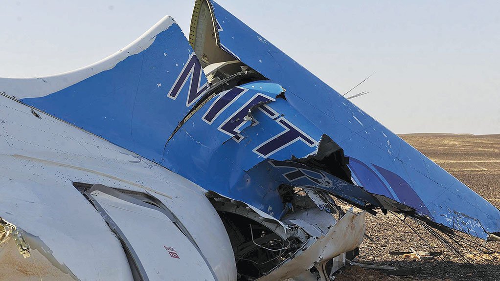  	A THREAT REAFFIRMED The tail of Metrojet Airbus A321-231, registration EI-ETJ, after it crashed in Egypt’s Sinai Peninsula as a result of a bomb. It was operating Flight 9268