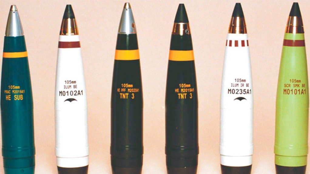 A range of RDM 105 mm artillery shells