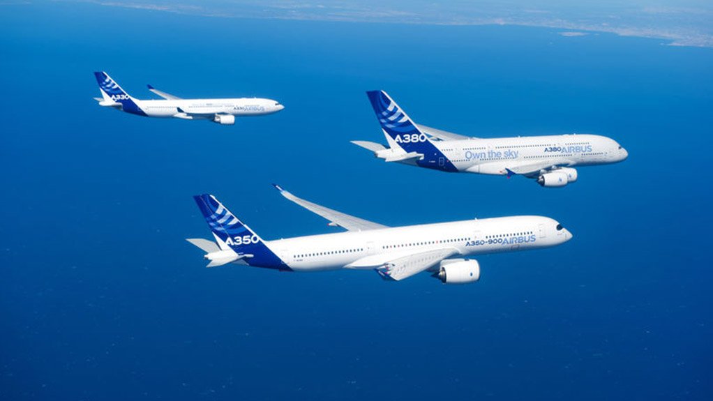 Airbus A330 (rear), A350-900 (foreground) and A380 (in the lead) airliners fly in formation