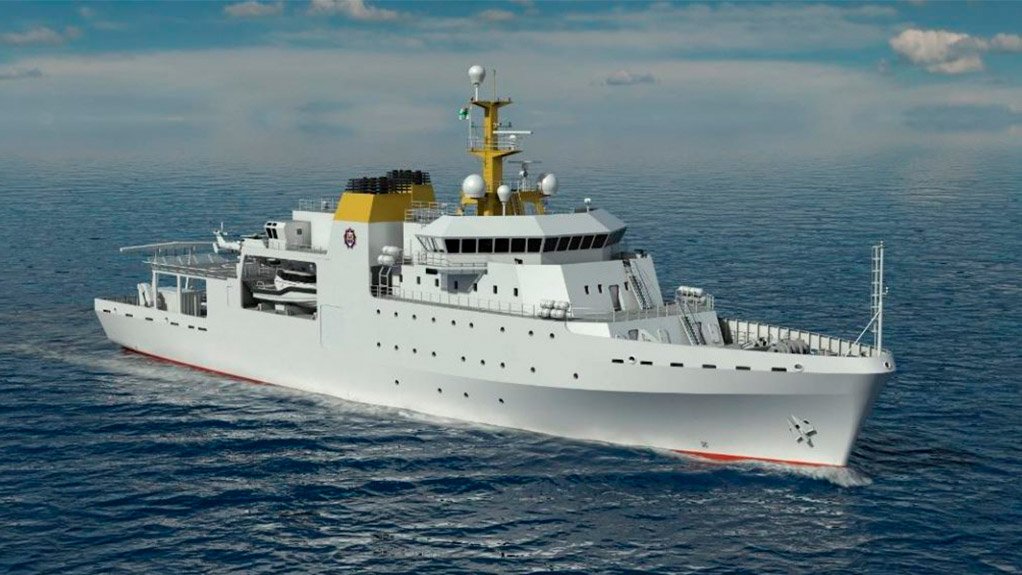 The VARD 9 105 survey ship, depicted in the traditional South African Navy hydrographic ship paint scheme