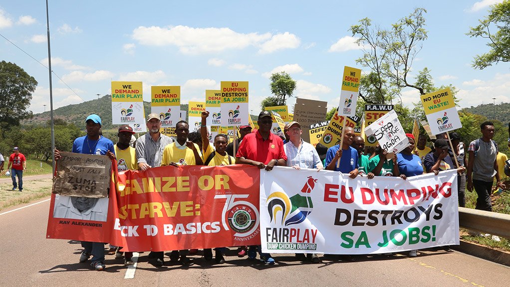 Poultry workers and management during a recent march to the EU Delegation in Pretoria, to protest the dumping of bone-in chicken 