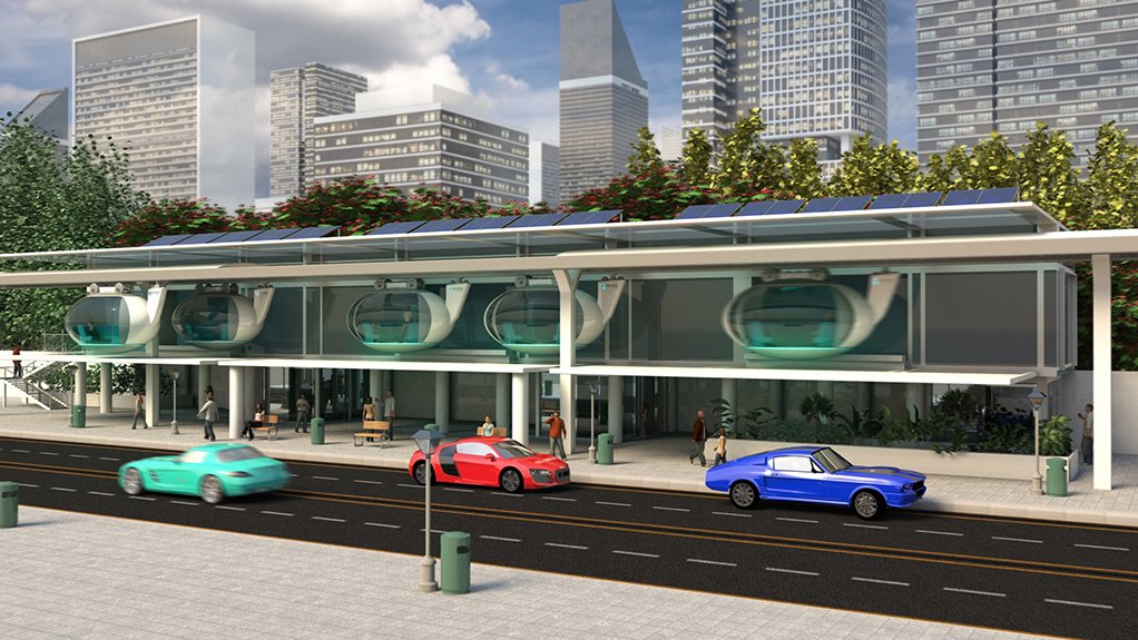  	PRIVATE PUBLIC TRANSPORT The elevated, suspended pods will carry between six and eight people, and run above sidewalks or roads – using existing ‘right of way’