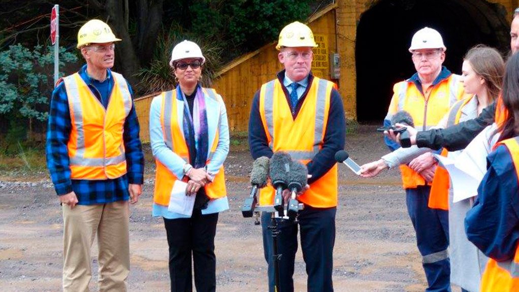 Vedanta Zinc International and CMT CEO Deshnee Naidoo, flanked by Tasmanian Premier Will Hodgman (right) and Resources Minister Guy Barnett (left) with CMT GM Peter Walker far right. 