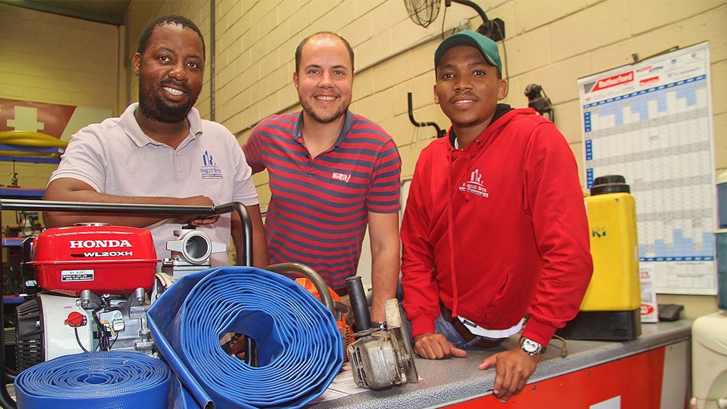 Pictured at their new premises on Chris Hani road, Durban North are Majozi Bros Tool Hire & Sales joint venture partners Sihle Ndlela, Richard Fraser and Simphiwe Majozi
