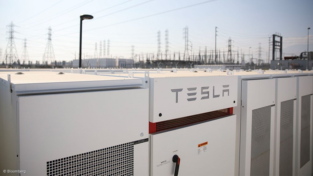 Tesla powerpacks and inverters at the Southern California Edison Company's Mira Loma energy storage system facility in California, in the US.