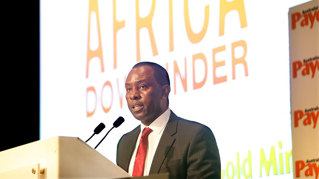 South African Mineral Resources Minister Mosebenzi Zwane speaking at the Africa Downunder Conference, in Perth, Australia.