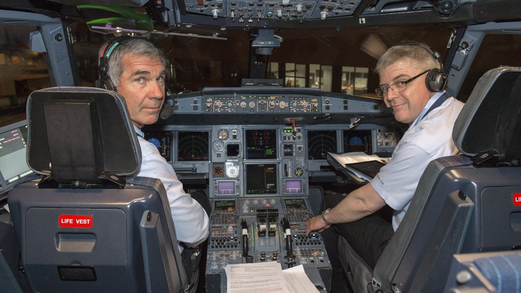 Airliners should always have a pilot and co-pilot: two unidentified Airbus test pilots on the flight deck of an A320