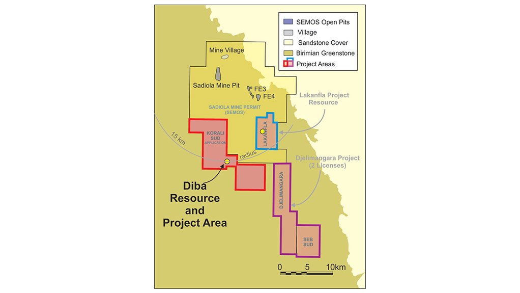 The Diba gold resource, on the Korali Sud licence, includes intersections of 5.36 g/t gold over 13 m and 13.88 g/t gold over 8 m
