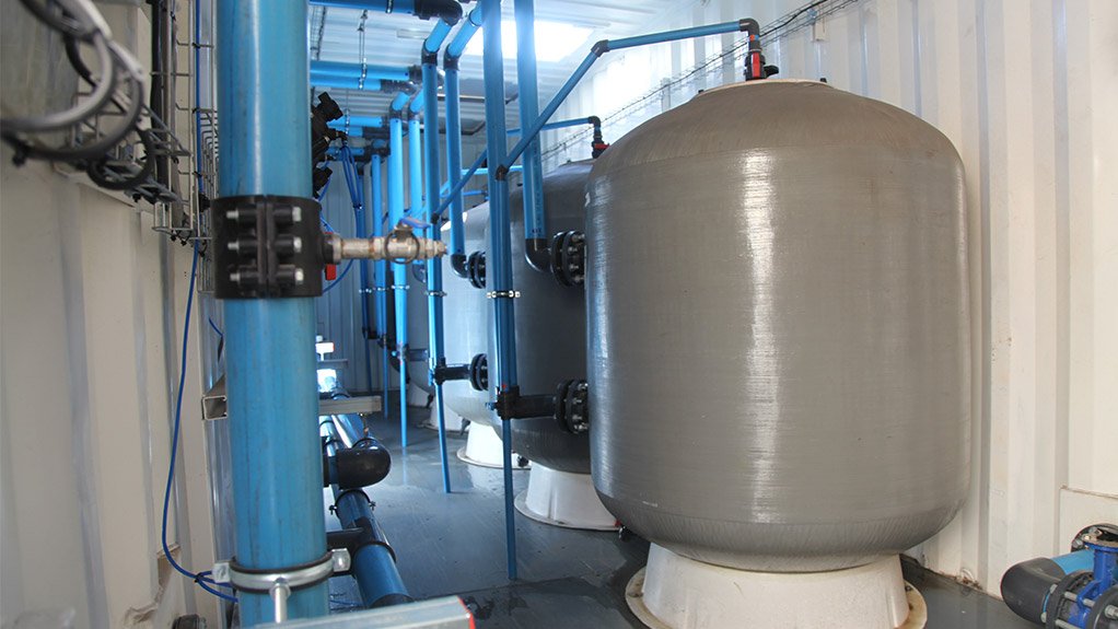 The filtration units inside the pretreatment section of the temporary desalination plant at the Koeberg power station.