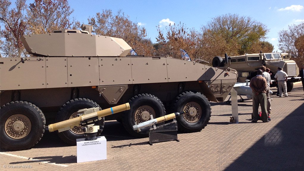 Various Denel products on display at the Group’s Head Office in Centurion, south of Pretoria. From front to rear, a portable launcher for the Ingwe missile, an Ingwe missile, a Badger infantry fighting vehicle, a Seeker 400 unmanned aerial vehicle (largely obscured), and a Casspir mine protected vehicle.