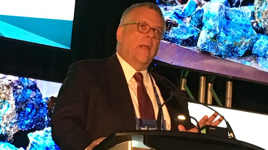 Nexa Resources president and CEO Tito Martins addresses the audience during the PDAC 2018 keynote session, in Toronto