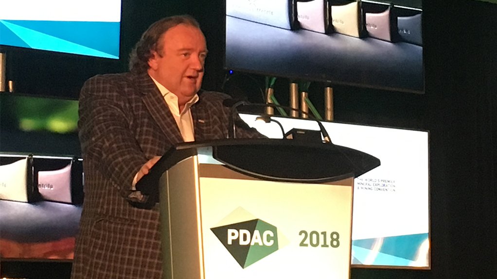 Osisko Mining chairperson Sean Roosen during a keynote address at PDAC 2018, in Toronto