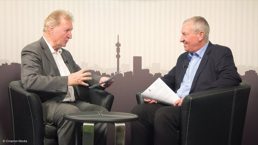 RECLAIMING SOUTH AFRICA’S COMPETITIVENESS Department of Science and Technology chief director of technology localisation, beneficiation and advanced manufacturing Beeuwen Gerryts (left), being interviewed by Mining Weekly’s Martin Creamer