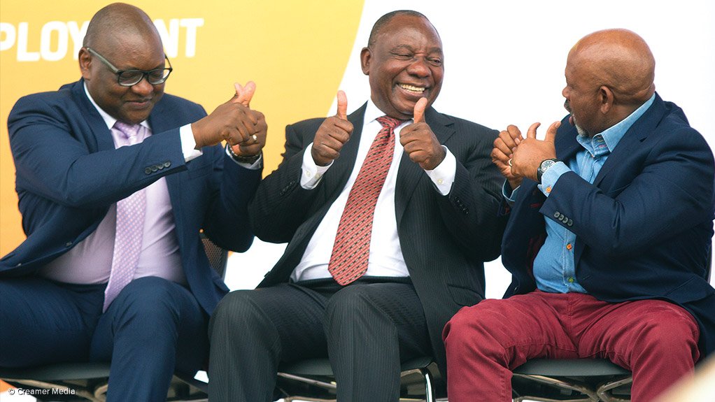 President Cyril Ramaphosa, centre, with Gauteng Premier David Makhura and Busa president Jabu Mabuza at the launch of YES in March