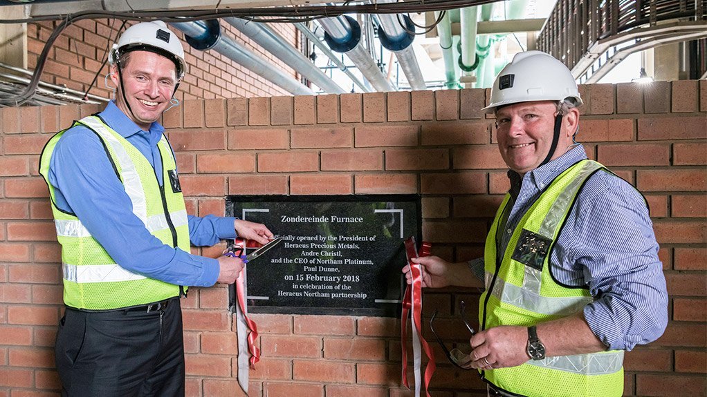 In February, Heraeus Precious Metals global president Andre Christl (left) opened the Zondereinde platinum smelter with Northam CEO Paul Dunne (right)