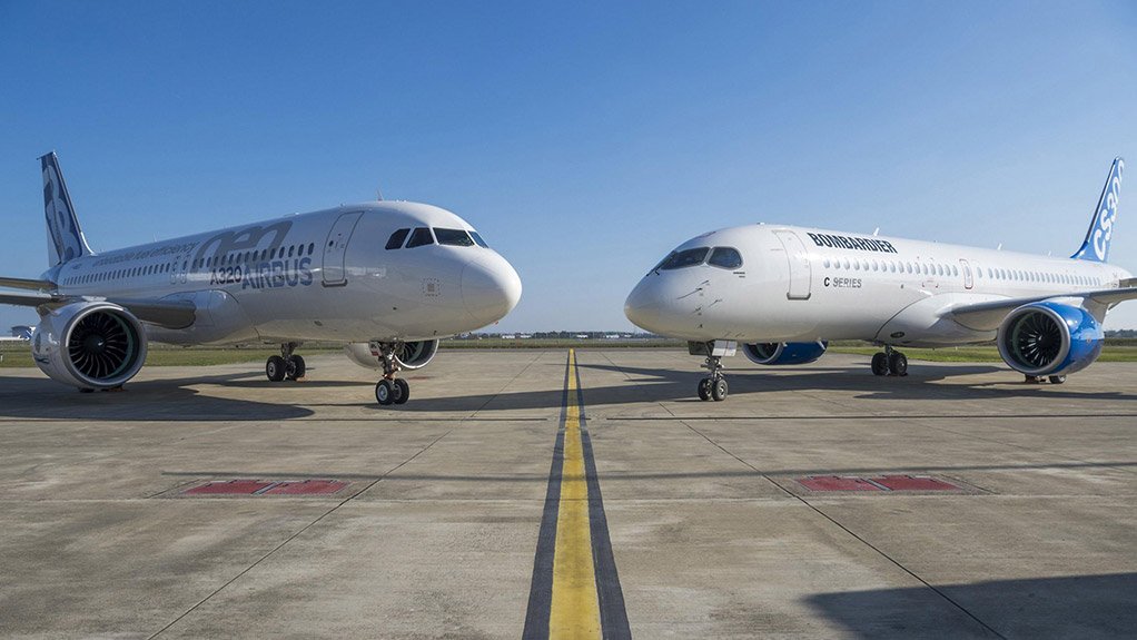 An Airbus A320neo (left) with a Bombardier CS300 (right)