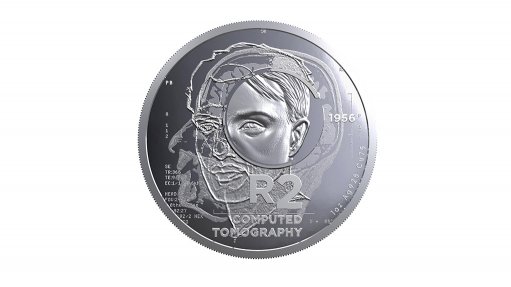 The set contains the R2 crown with the reverse depicting a stylised representation of the human head, which indicates the area to be scanned, the denomination, the words ‘Computed Tomography’, and the year ‘1956’