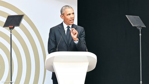US: Former US President Barack Obama delivering the 16th Nelson Mandela Annual Lecture, Wanderers Stadium (17/07/18)
