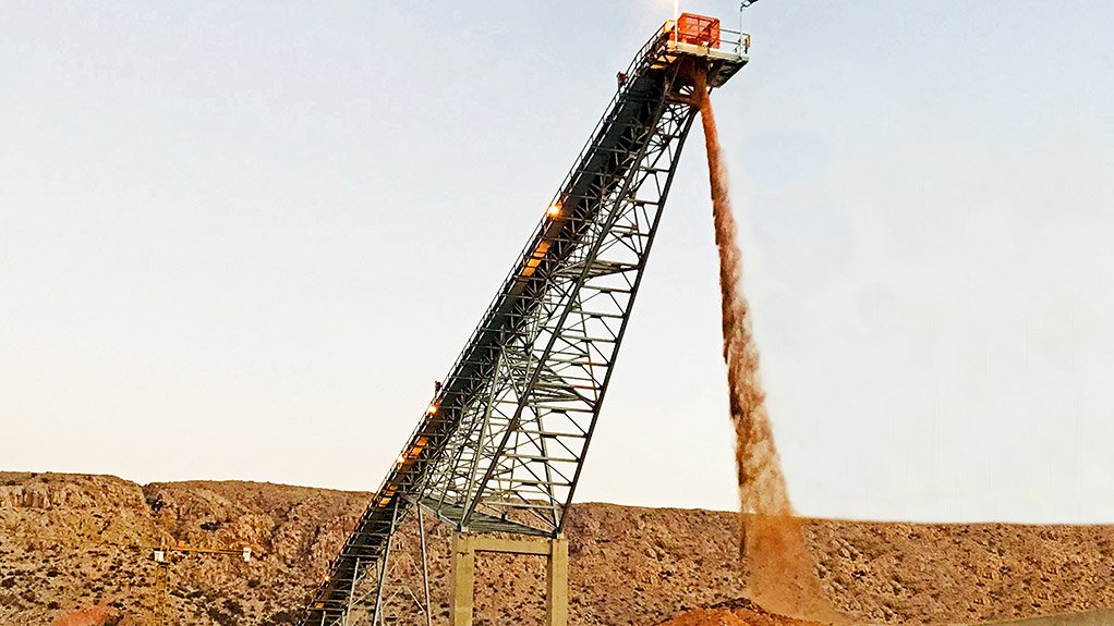 First ore deposited on coarse ore stockpile at Gamsberg.