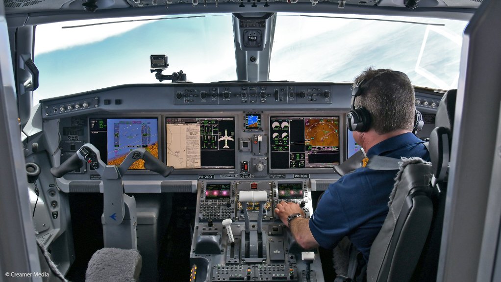 A view of the cockpit of the E190-E2 during a South African demonstration flight