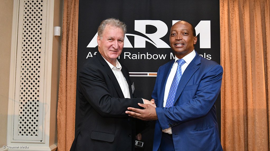 African Rainbow Minerals executive chairperson Patrice Motsepe (right) with Mining Weekly Online's Martin Creamer at Friday's presentation of results