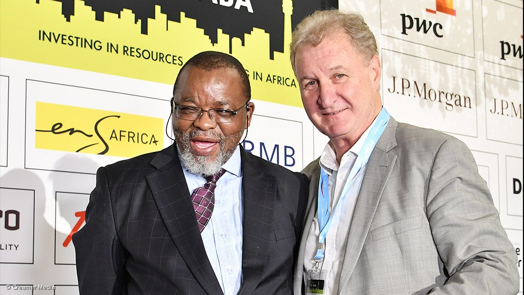Mineral Resources Minister Gwede Mantashe (left) with Mining Weekly Online’s Martin Creamer at the Joburg Indaba.