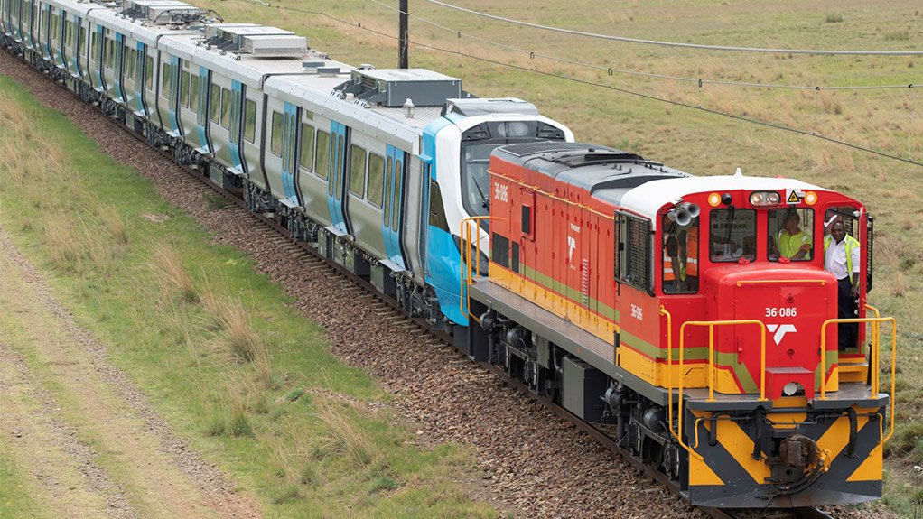 The first South African-built X’trapolis Mega commuter train on its way to the Wolmerton depot