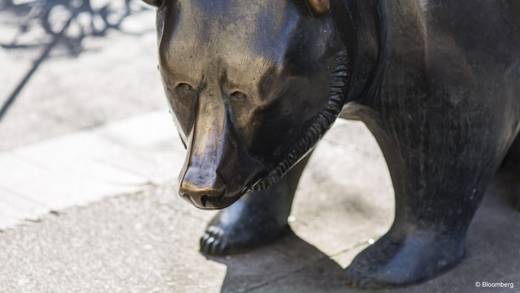 A bear statue stands outside the Frankfurt Stock Exchange in Frankfurt, Germany.